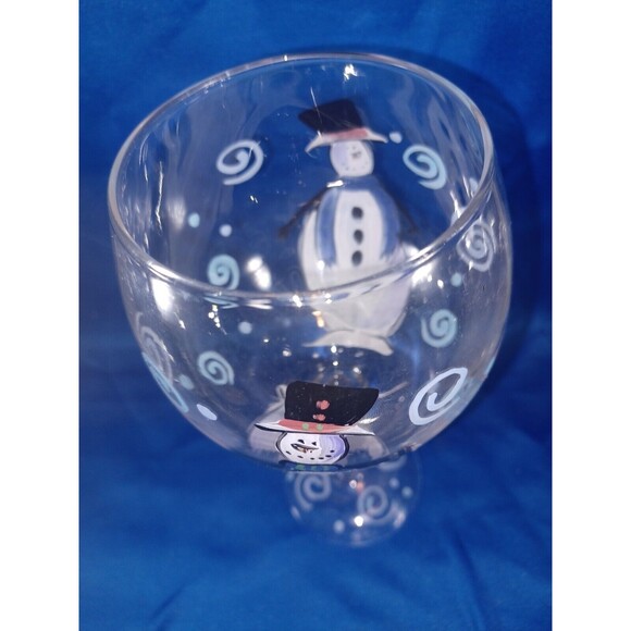 Hand Painted Snowmen Wine Glass Christmas Holiday Snowman - 9" x 4" - Picture 1 of 7